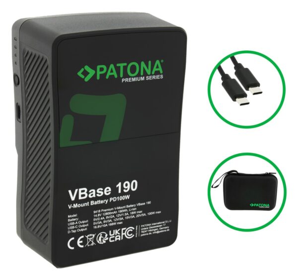 Premium V-Mount battery VBase 190 PD100W 190Wh USB-C USB-A D-Tap Samsung cells incl. hard case